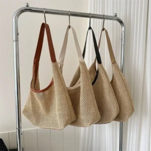 Vintage woven straw tote bag for women in khaki, large capacity hand-held beach shoulder bag for travel and summer outings