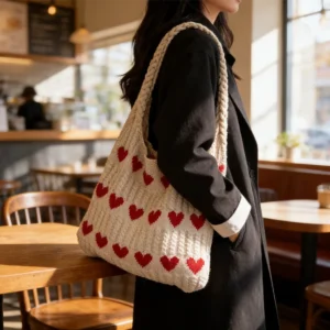 Knitted heart underarm shoulder bag for women in beige, handmade woolen-look chic casual tote with love heart detail