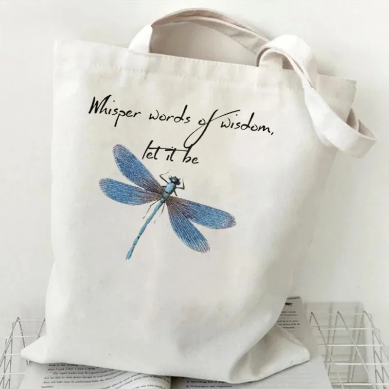 Dragonfly canvas tote bag for women, creative nature print vintage shoulder bag in multiple color variants, gift idea