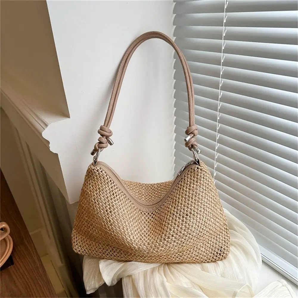 Handmade rattan braided bag for women in khaki, cute woven straw shoulder handbag with large capacity