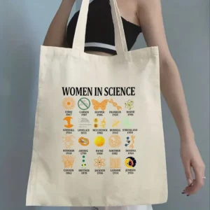 Women in Science canvas tote bag in white, large empowering graphic shopper bag gift for her