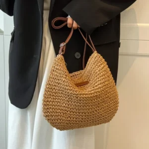 Casual woven beach bag for women in beige, straw shoulder and crossbody handbag for summer travel